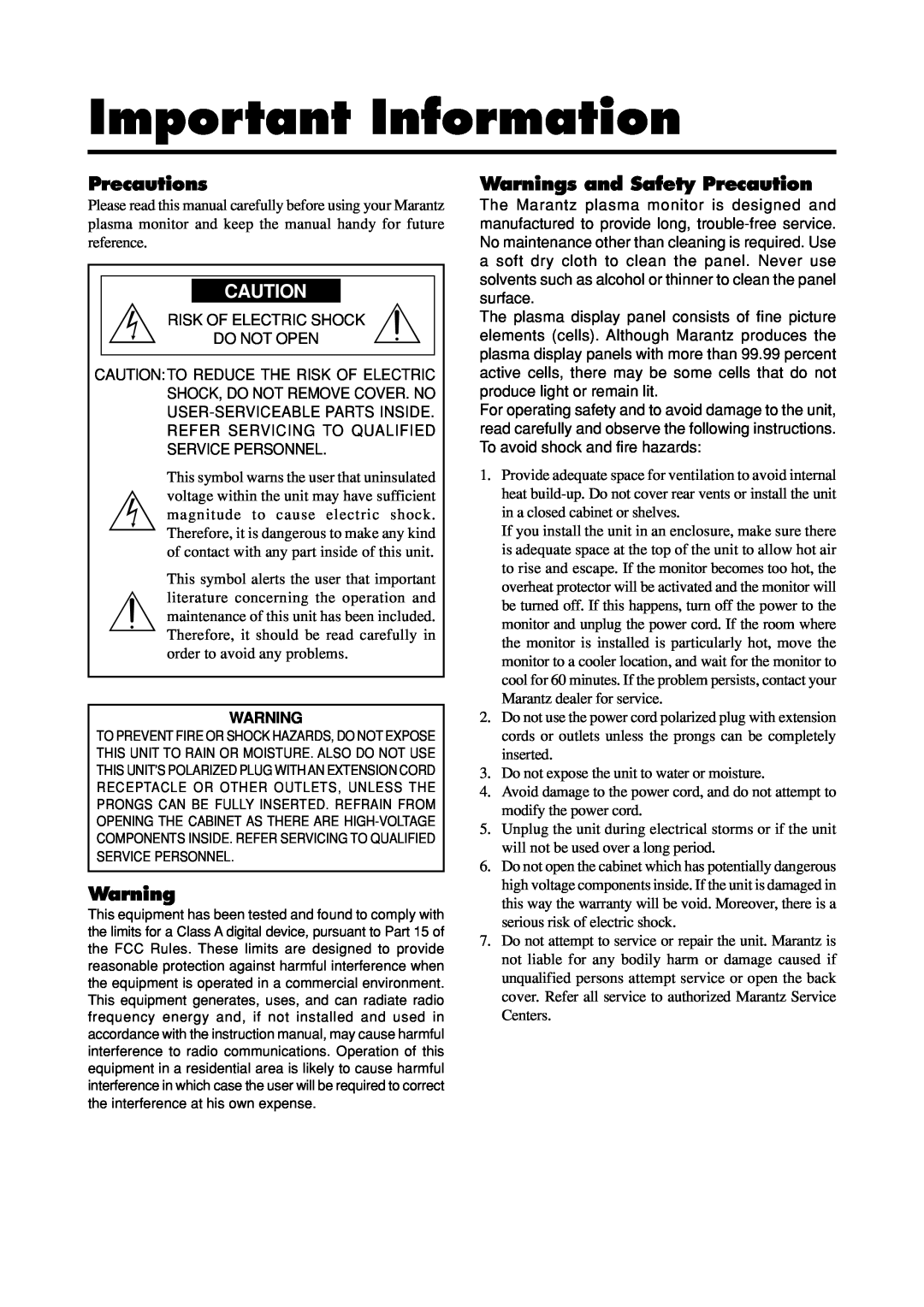 Marantz PD4293D manual Important Information, Precautions, Warnings and Safety Precaution 