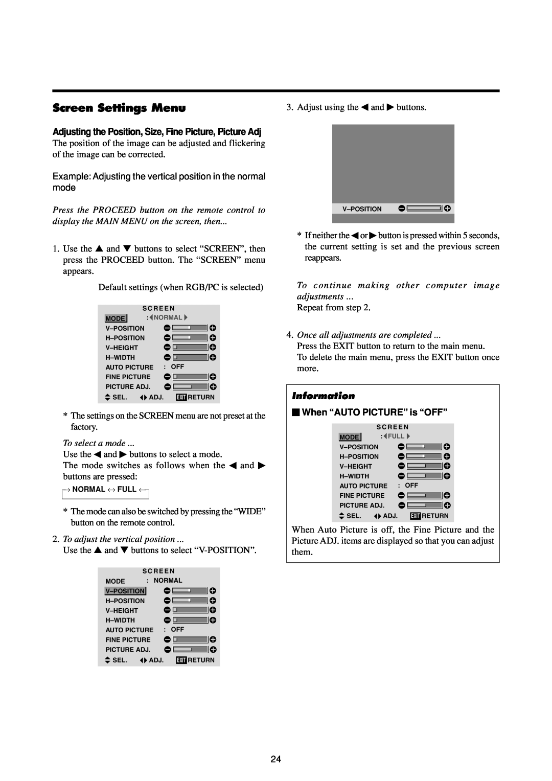 Marantz PD4293D manual Screen Settings Menu, Adjusting the Position, Size, Fine Picture, Picture Adj, To select a mode 