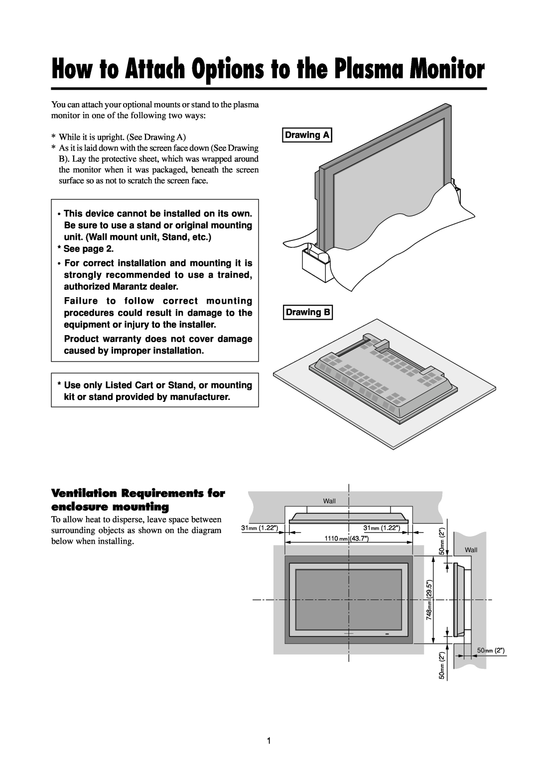 Marantz PD4293D manual Ventilation Requirements for enclosure mounting, unit. Wall mount unit, Stand, etc. * See page 