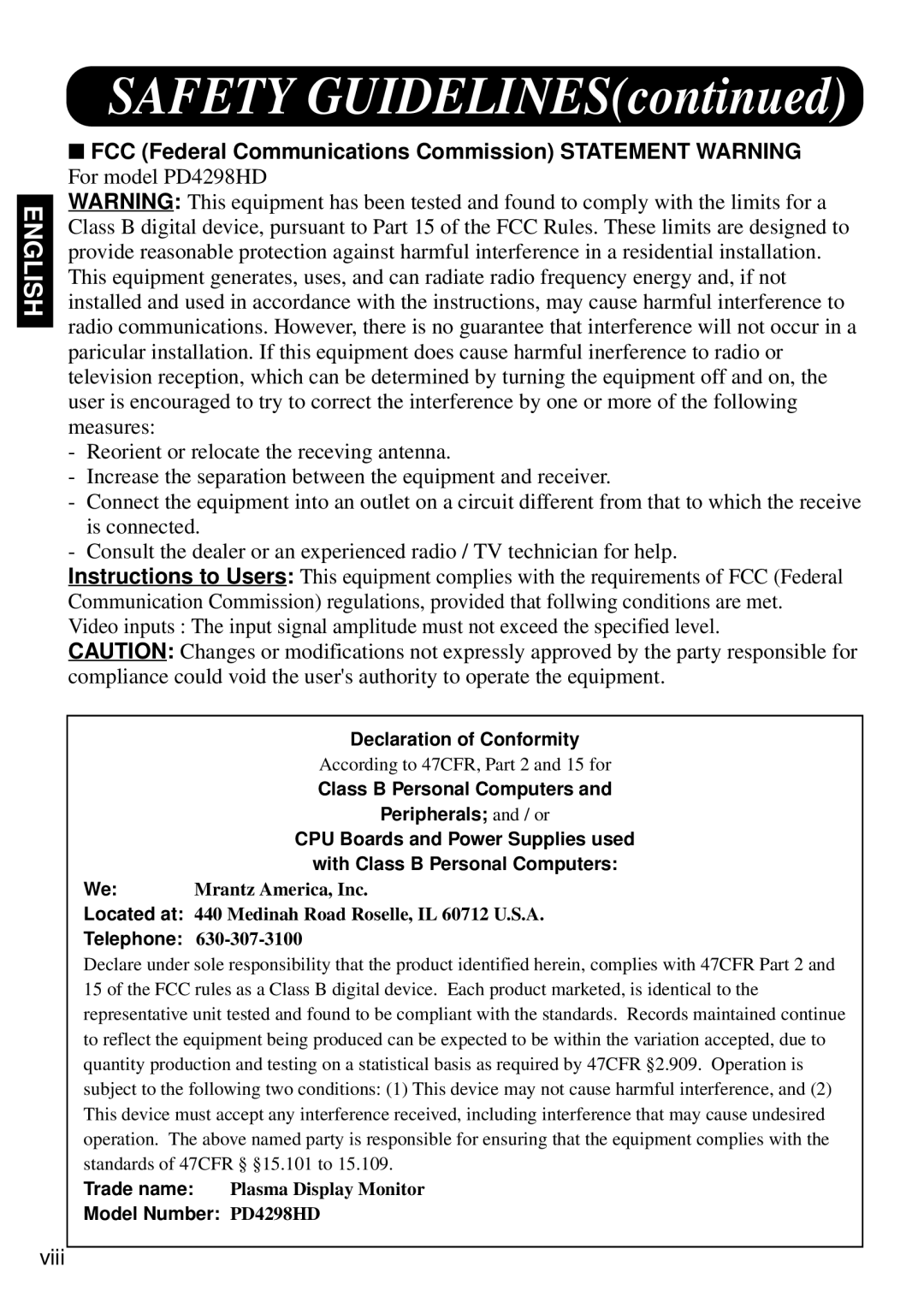 Marantz PD4298HD s user manual FCC Federal Communications Commission Statement Warning 