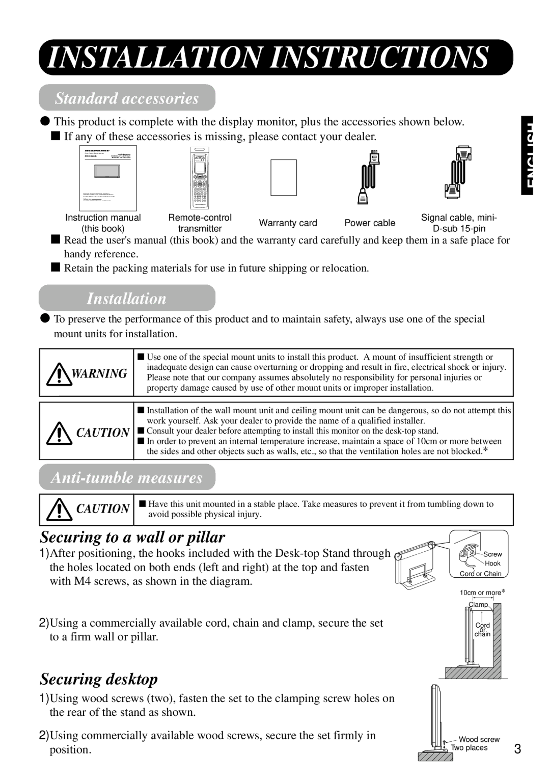 Marantz PD4298HD s user manual Installation Instructions, Standard accessories, Anti-tumble measures 