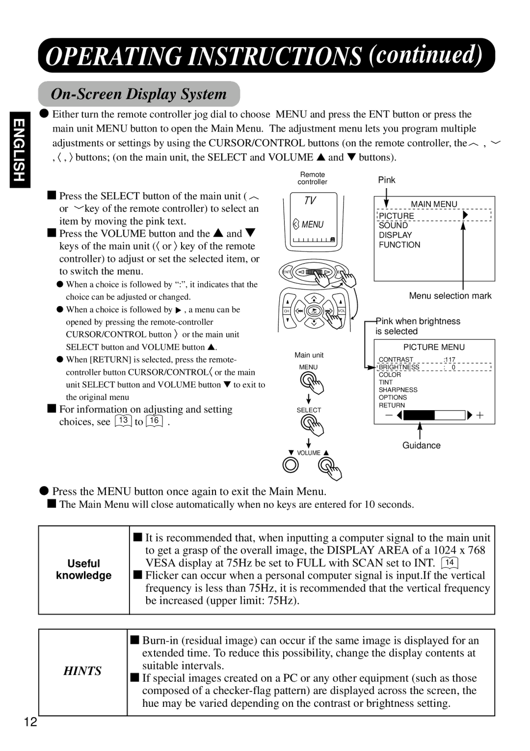 Marantz PD4298HD s user manual On-Screen Display System, To switch the menu 