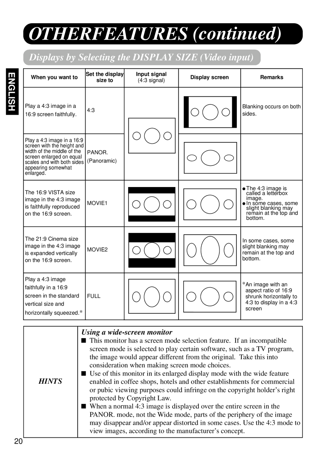 Marantz PD4298HD s user manual Otherfeatures, Displays by Selecting the Display Size Video input 