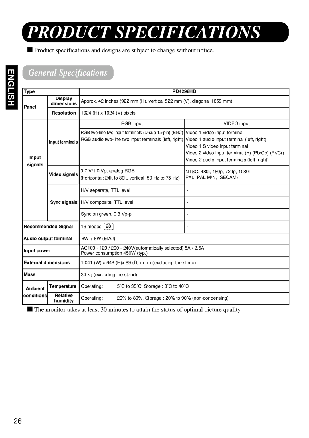 Marantz PD4298HD s user manual Product Specifications, General Specifications 