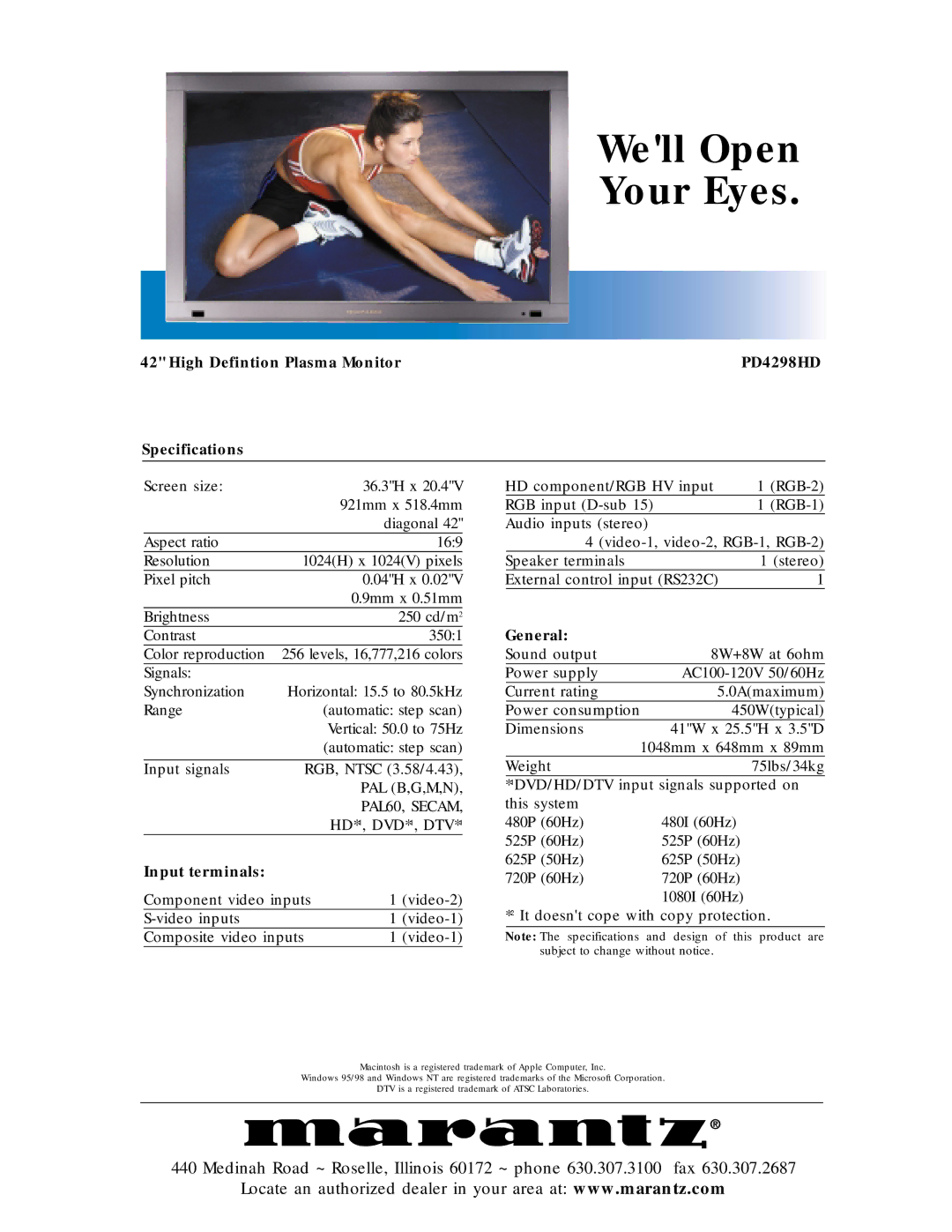 Marantz manual Well Open Your Eyes, High Defintion Plasma Monitor PD4298HD Specifications, Input terminals, General 