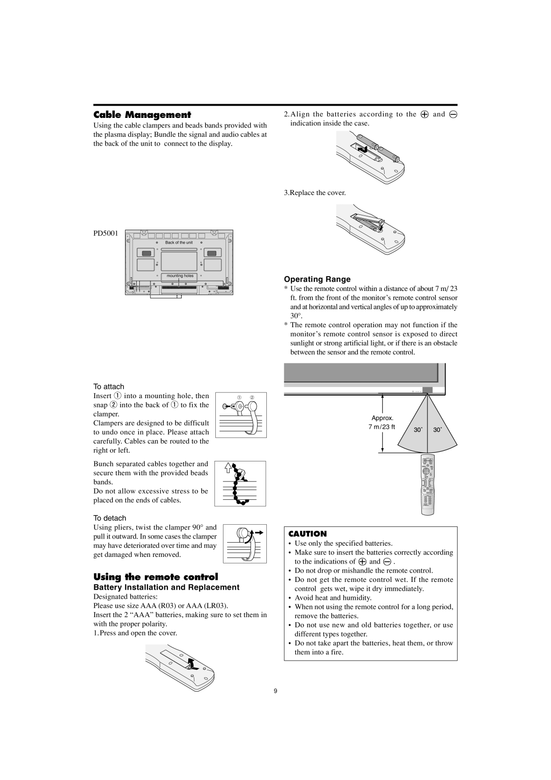 Marantz PD5001 manual Cable Management, Using the remote control, Operating Range, Battery Installation and Replacement 