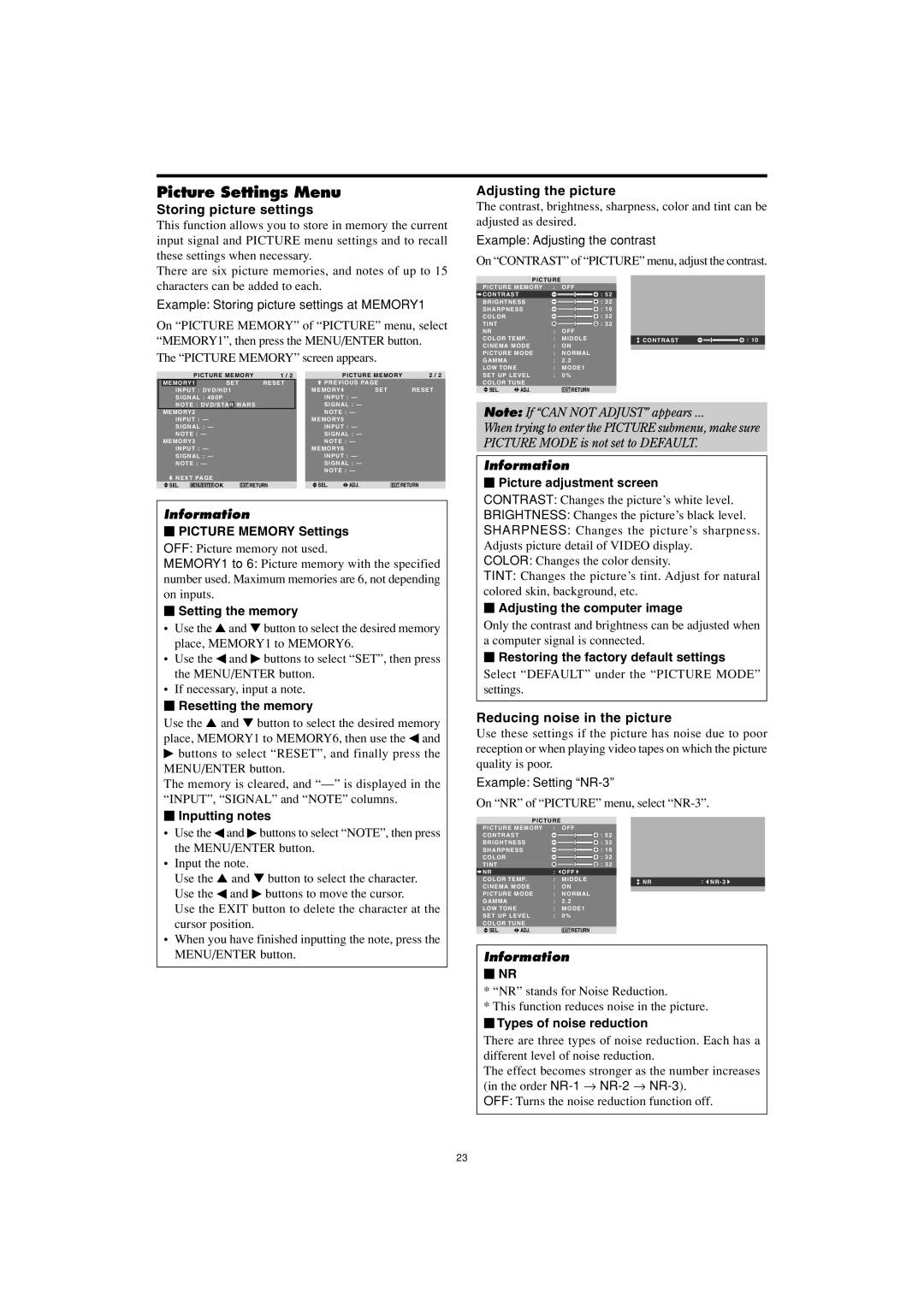 Marantz PD5001 manual Picture Settings Menu, Storing picture settings, Adjusting the picture, Reducing noise in the picture 