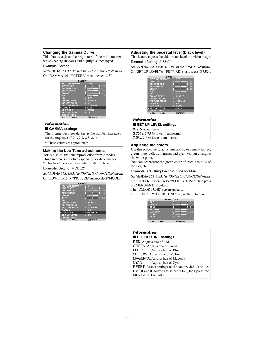 Marantz PD5001 manual Changing the Gamma Curve, Making the Low Tone adjustments, Adjusting the pedestal level black level 