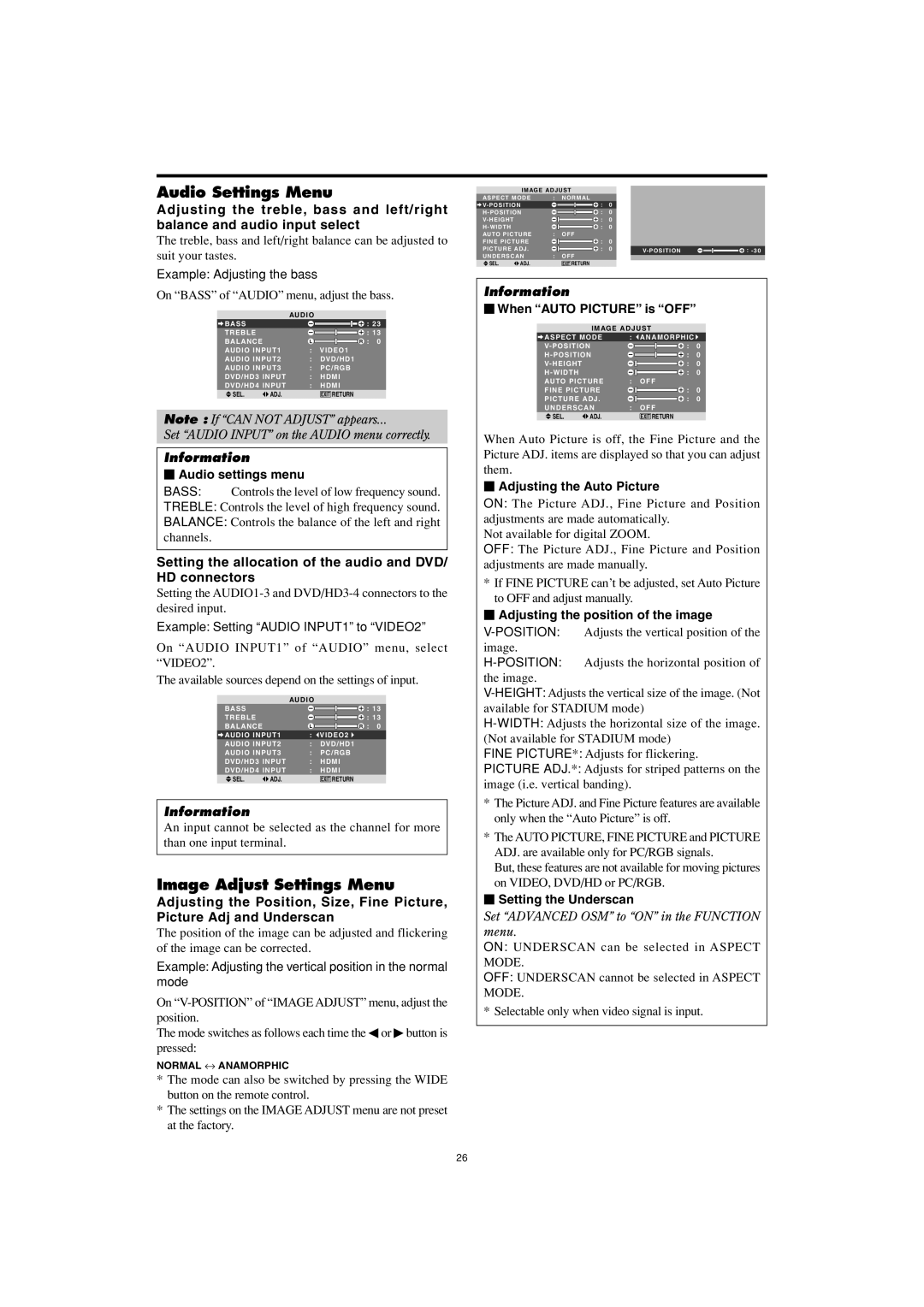 Marantz PD5001 Audio Settings Menu, Image Adjust Settings Menu, Setting the allocation of the audio and DVD/ HD connectors 