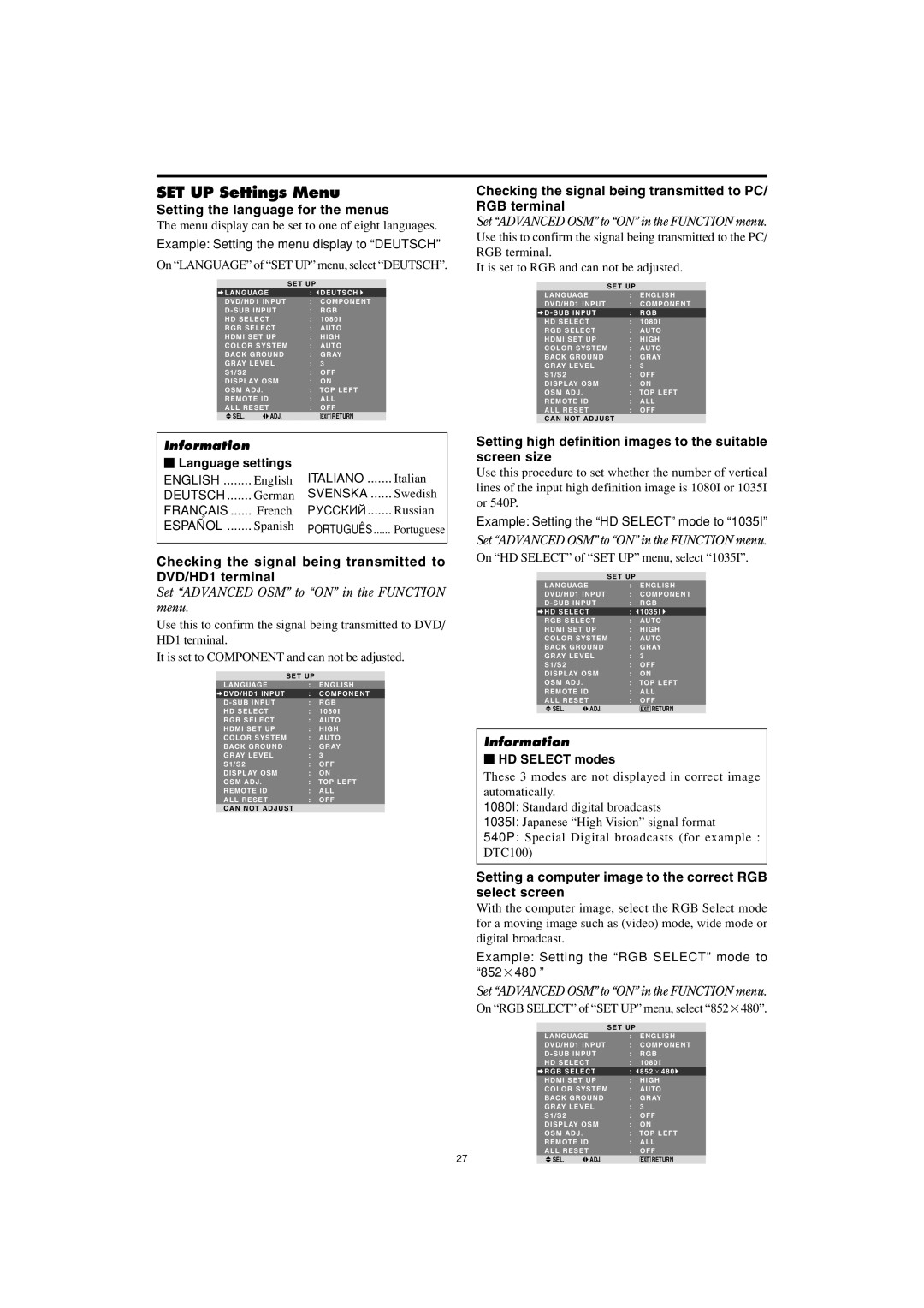 Marantz PD5001 manual SET UP Settings Menu 