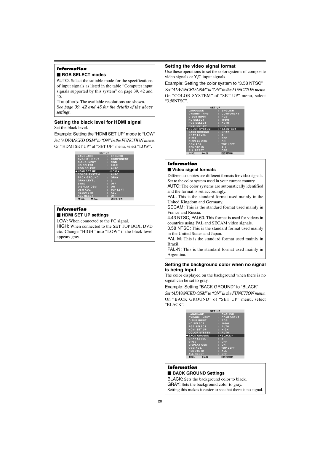 Marantz PD5001 manual Setting the black level for Hdmi signal, Setting the video signal format 