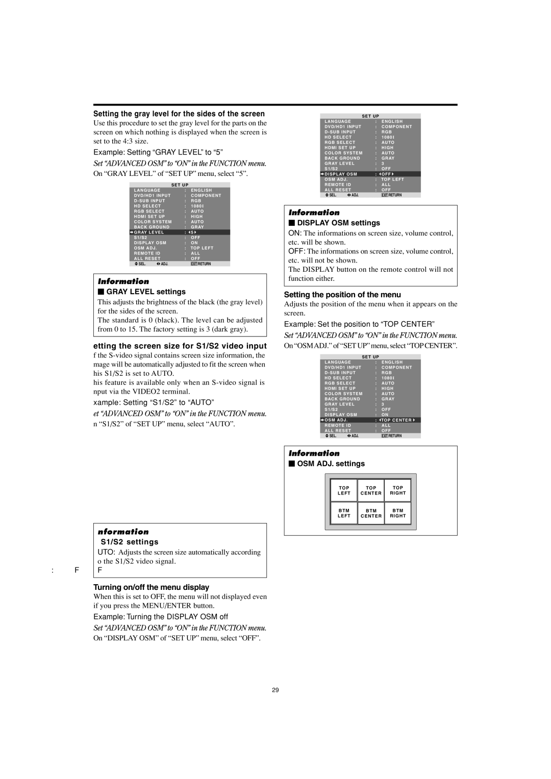 Marantz PD5001 manual Etting the screen size for S1/S2 video input, Turning on/off the menu display 