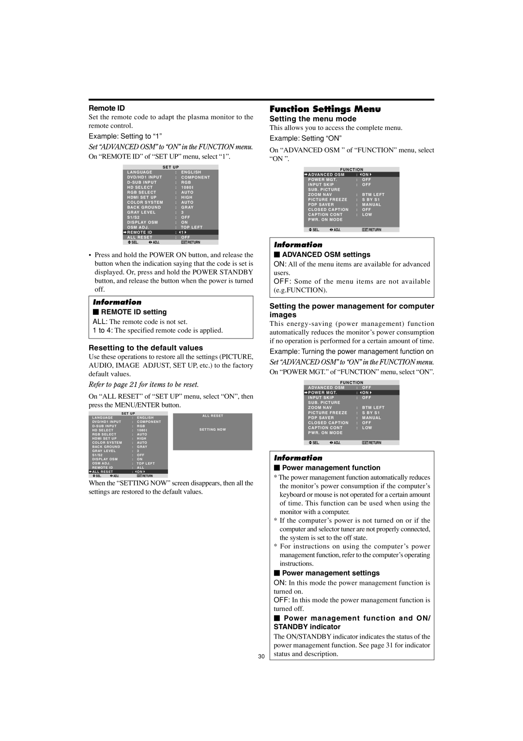 Marantz PD5001 manual Function Settings Menu, Remote ID, Resetting to the default values, Setting the menu mode 