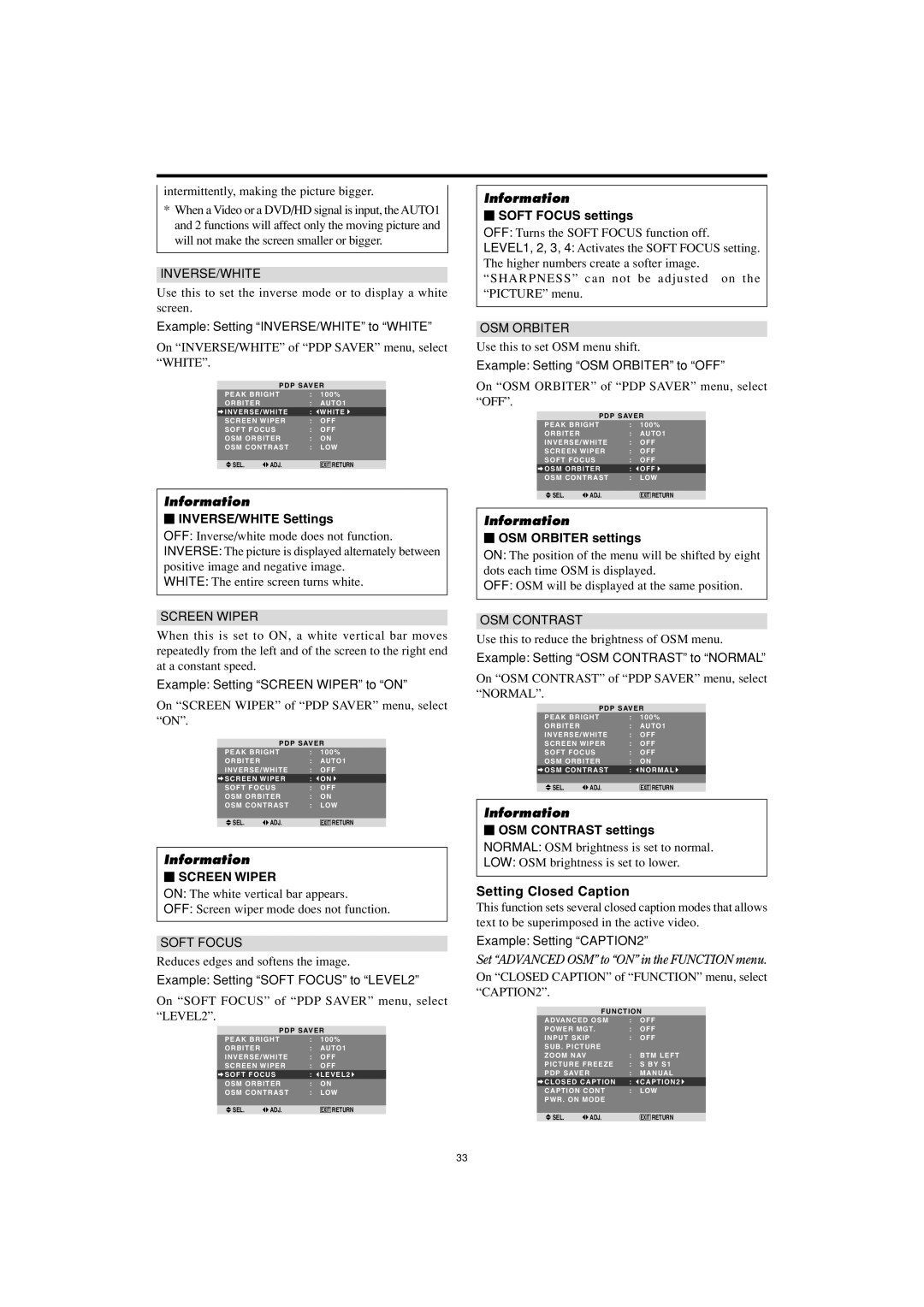 Marantz PD5001 manual Setting Closed Caption,  INVERSE/WHITE Settings,  Soft Focus settings,  OSM Orbiter settings 