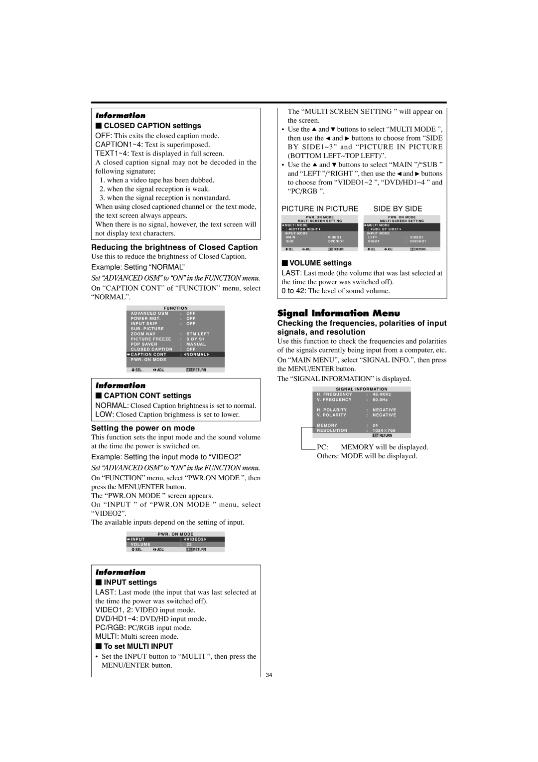 Marantz PD5001 manual Signal Information Menu, Reducing the brightness of Closed Caption, Setting the power on mode 