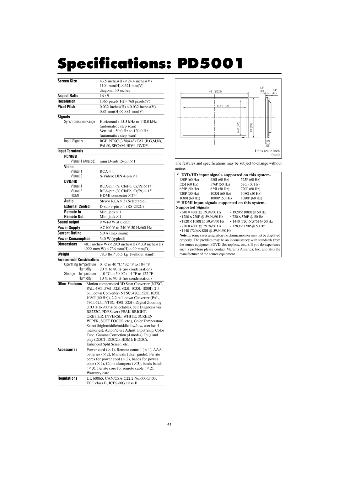 Marantz manual Specifications PD5001 