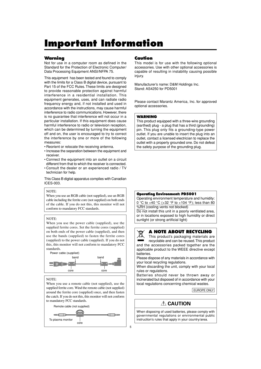 Marantz manual Operating Environment PD5001 