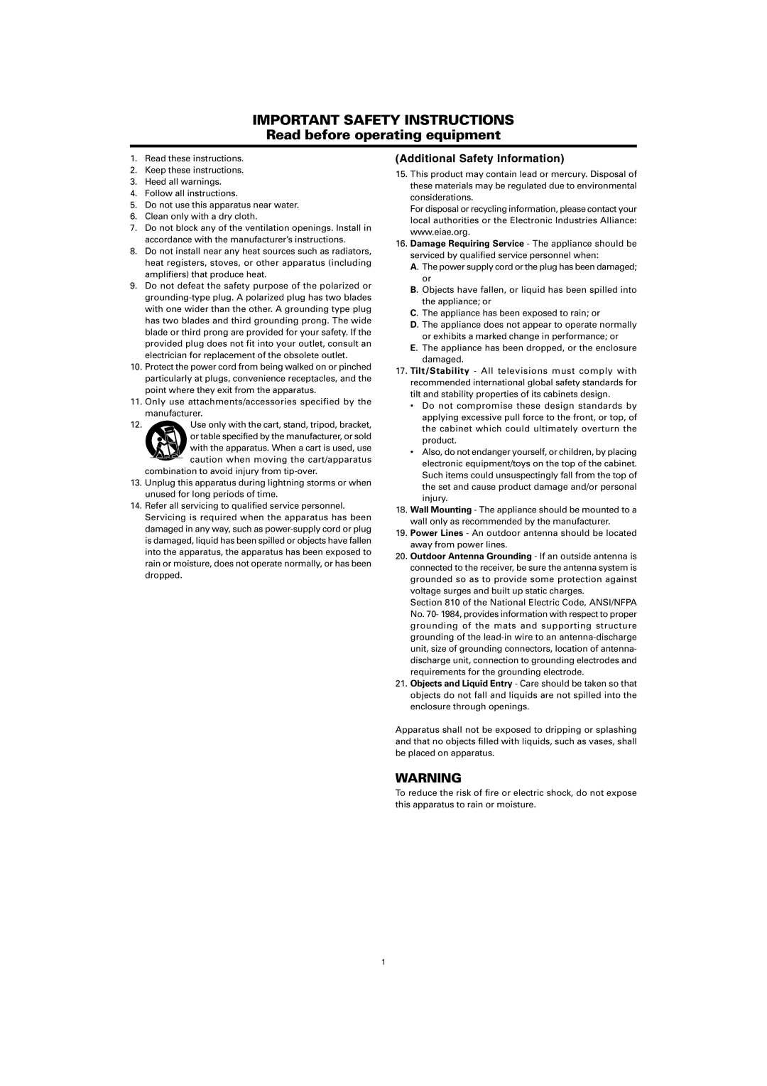 Marantz PD5001 manual IMPORTANT SAFETY INSTRUCTIONS Read before operating equipment, Additional Safety Information 