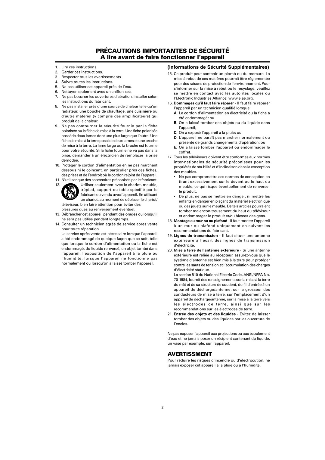 Marantz PD5001 manual Avertissment, Informations de Sécurité Supplémentaires 