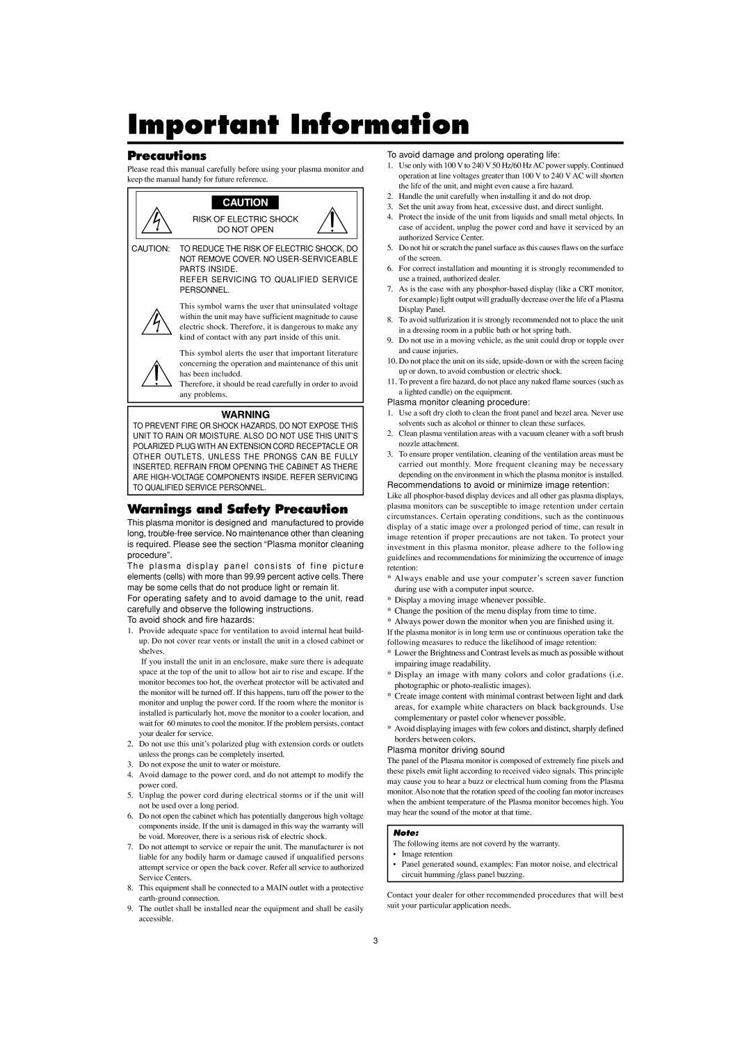 Marantz PD5001 manual Important Information, Precautions, Warnings and Safety Precaution 