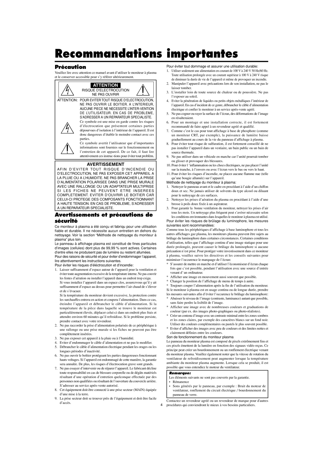 Marantz PD5001 manual Recommandations importantes, Précaution, Avertissements et précautions de sécurité, Remarque 