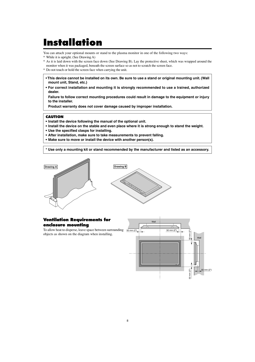 Marantz PD5001 Installation, Ventilation Requirements for enclosure mounting, Use the specified clasps for installing 