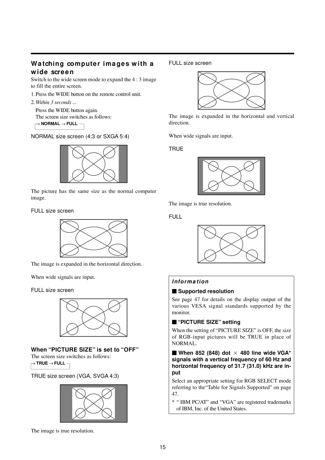 Marantz PD5010D manual Watching computer images with a wide screen, When Picture Size is set to OFF,  Supported resolution 