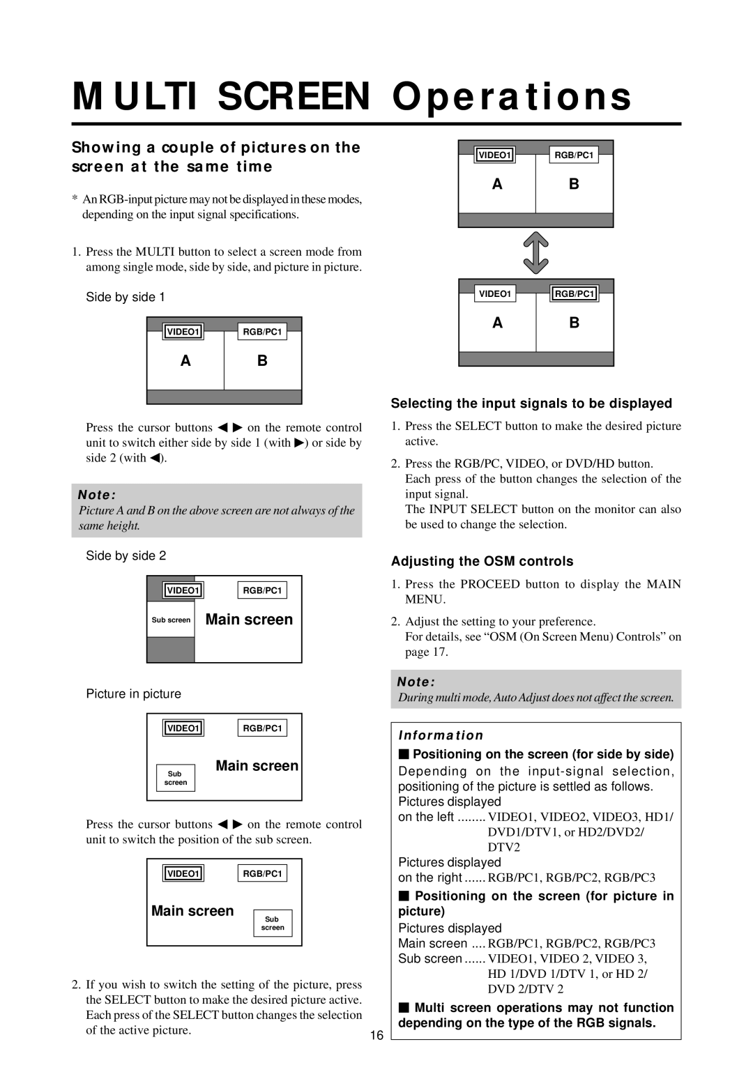 Marantz PD5010D manual Multi Screen Operations, Showing a couple of pictures on the screen at the same time 