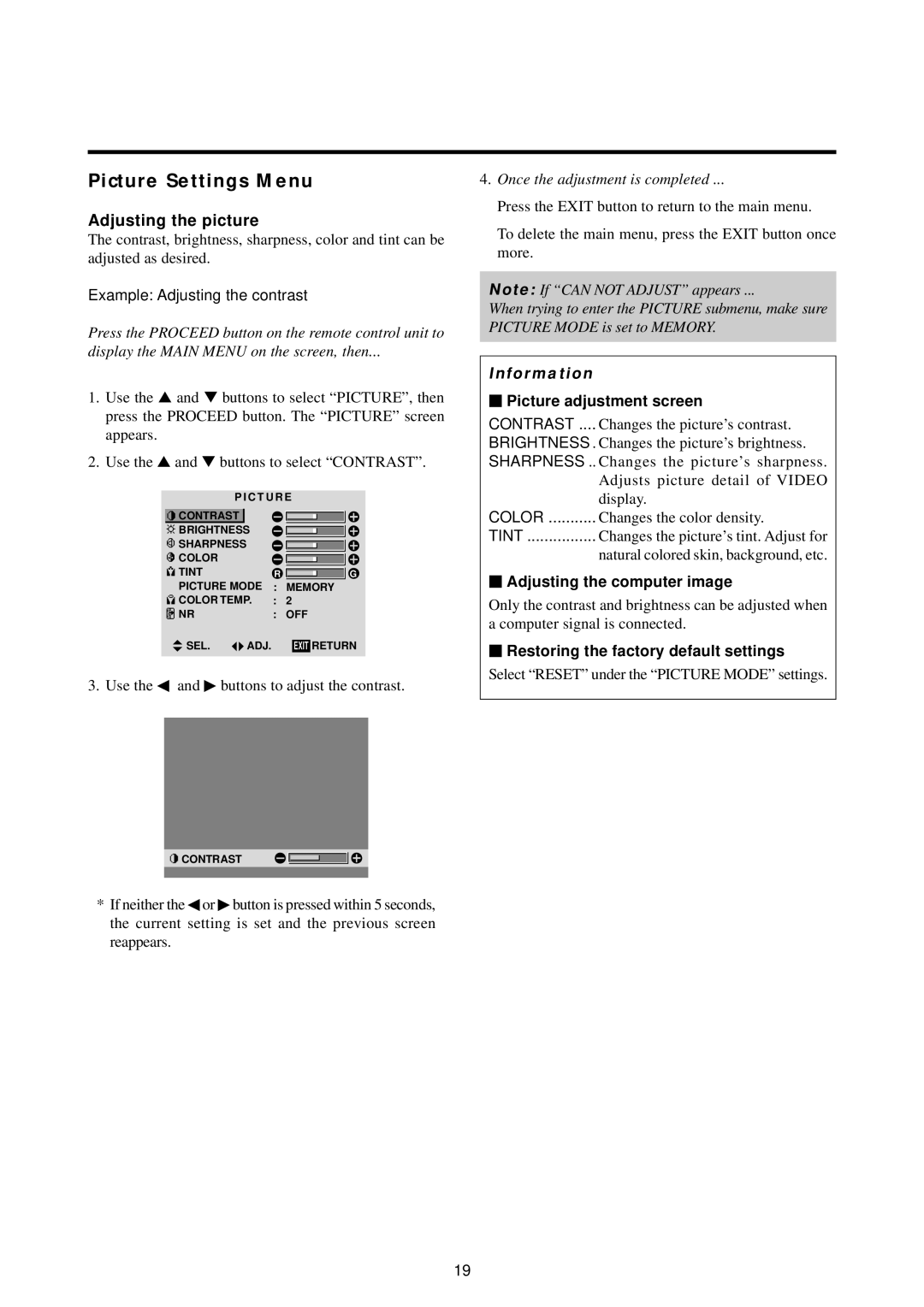 Marantz PD5010D Picture Settings Menu, Adjusting the picture,  Picture adjustment screen,  Adjusting the computer image 