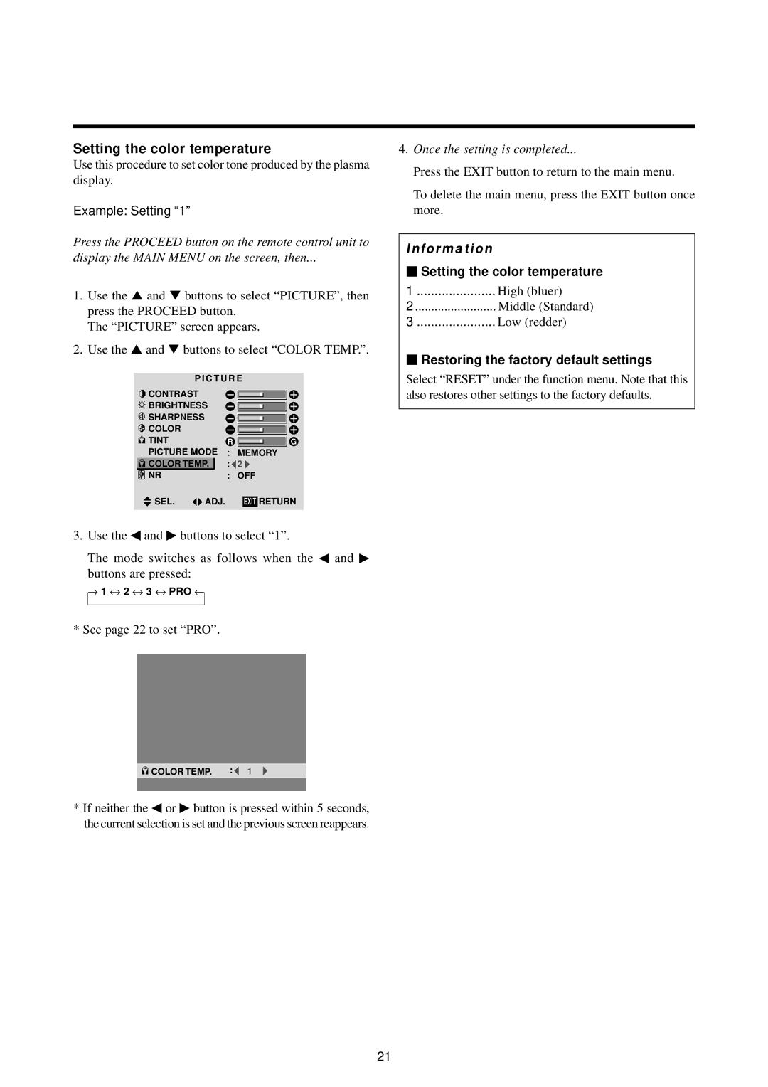 Marantz PD5010D manual Setting the color temperature, Example Setting, Once the setting is completed 