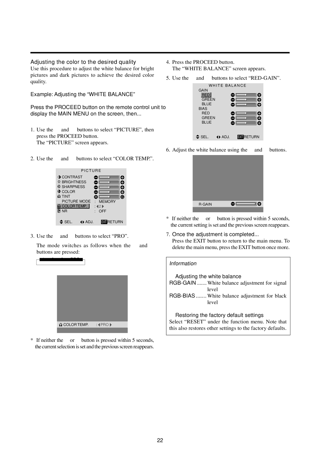 Marantz PD5010D manual Example Adjusting the White Balance,  Adjusting the white balance 