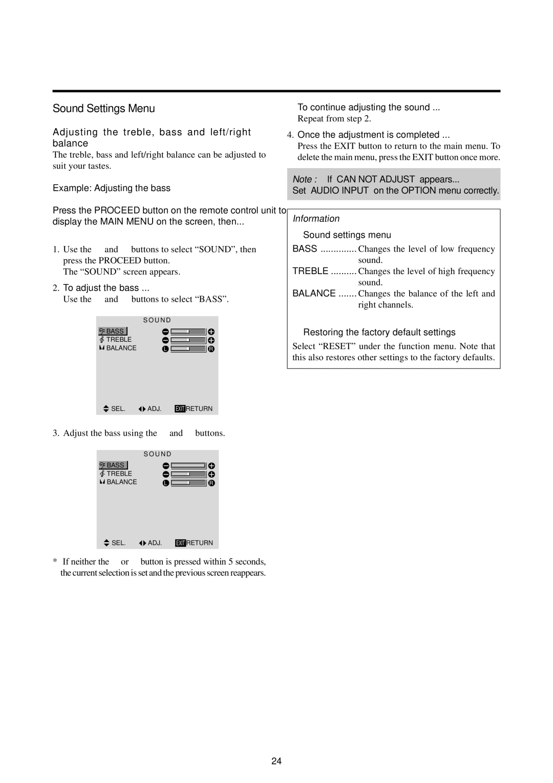 Marantz PD5010D manual Sound Settings Menu, Adjusting the treble, bass and left/right balance, Example Adjusting the bass 