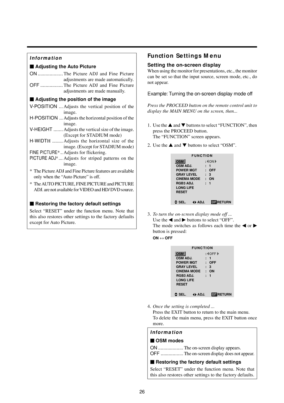 Marantz PD5010D manual Function Settings Menu, Setting the on-screen display 