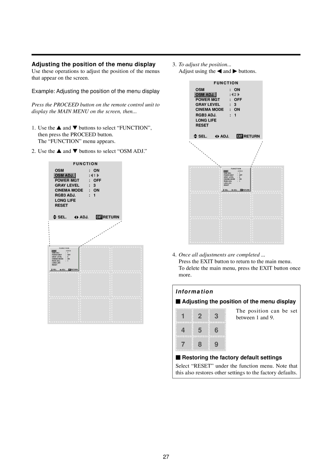 Marantz PD5010D manual Example Adjusting the position of the menu display, To adjust the position 