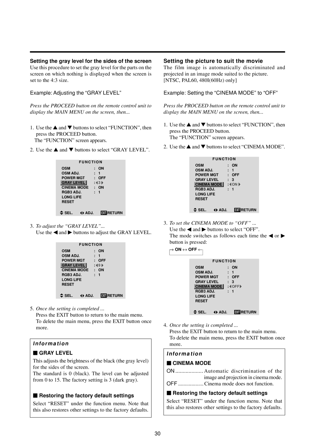 Marantz PD5010D Setting the picture to suit the movie, Setting the gray level for the sides of the screen, Gray Level 