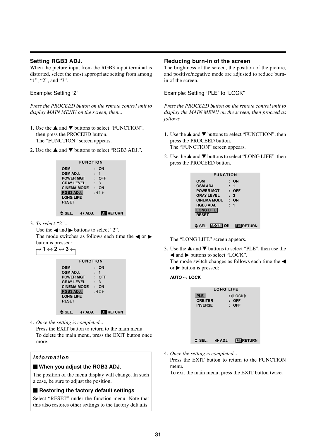 Marantz PD5010D manual Setting RGB3 ADJ, Reducing burn-in of the screen, To select, When you adjust the RGB3 ADJ 