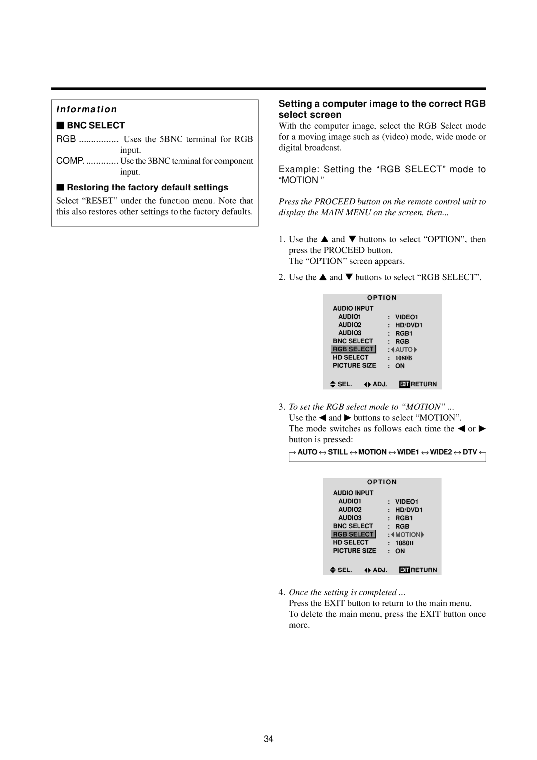 Marantz PD5010D manual Setting a computer image to the correct RGB select screen, BNC Select 