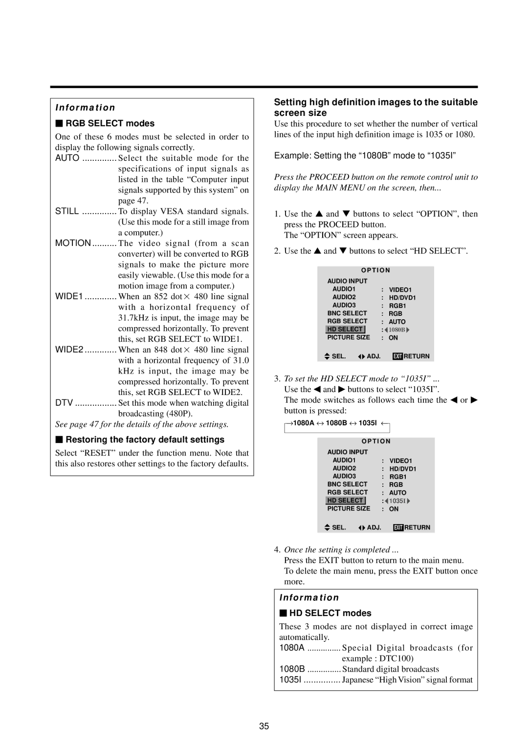 Marantz PD5010D manual Setting high definition images to the suitable screen size, RGB Select modes, HD Select modes, 1035I 