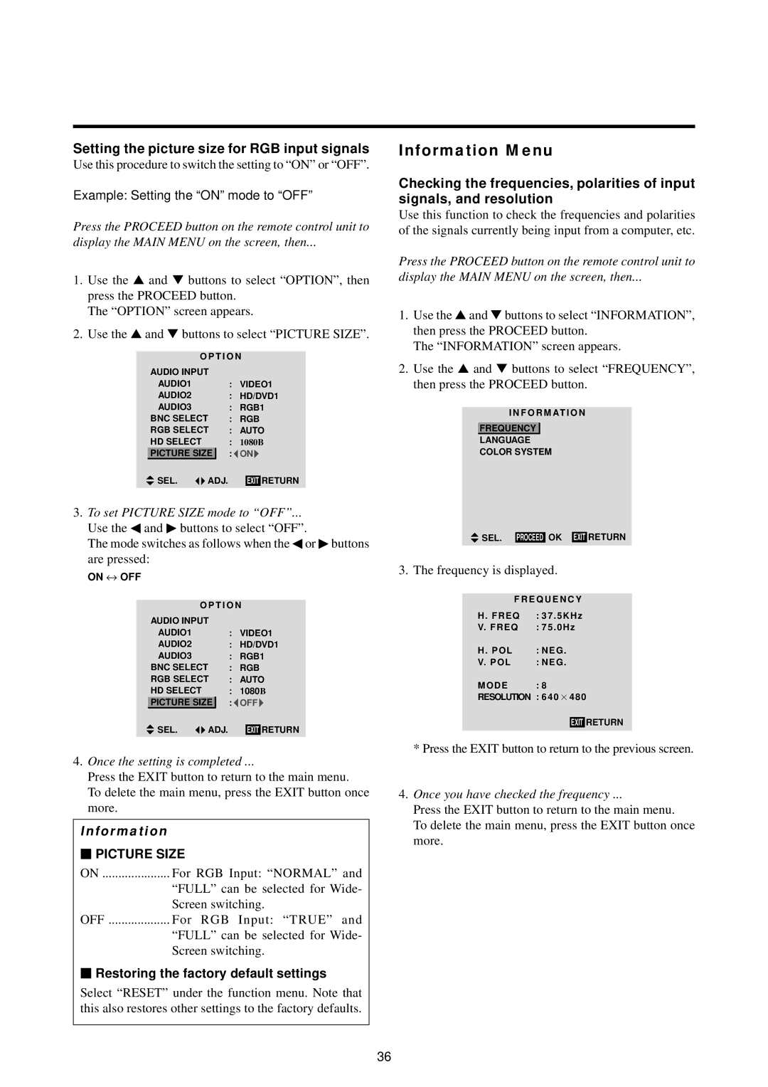 Marantz PD5010D manual Information Menu, Setting the picture size for RGB input signals, Example Setting the on mode to OFF 