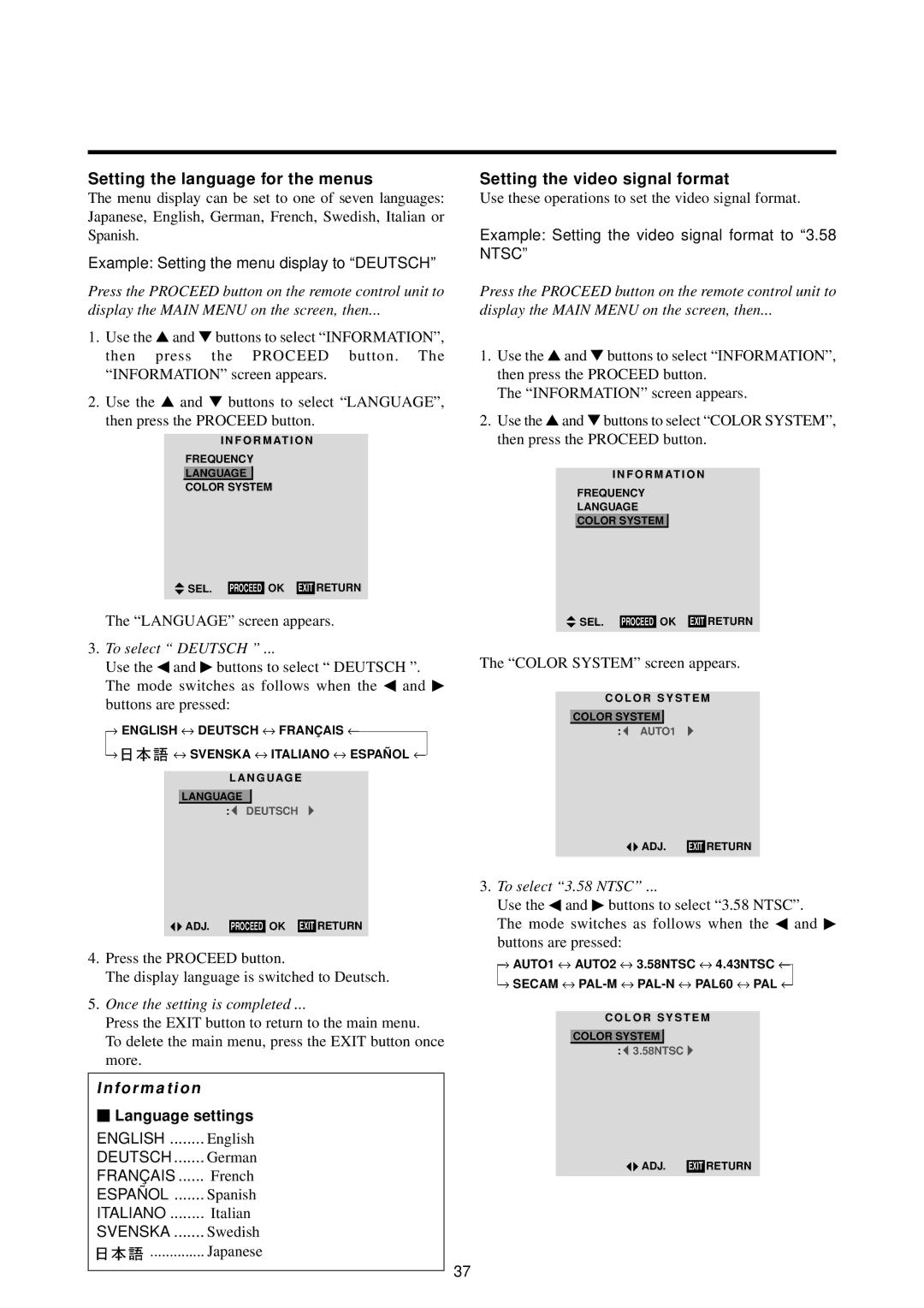 Marantz PD5010D manual Setting the language for the menus, Setting the video signal format, Language settings 