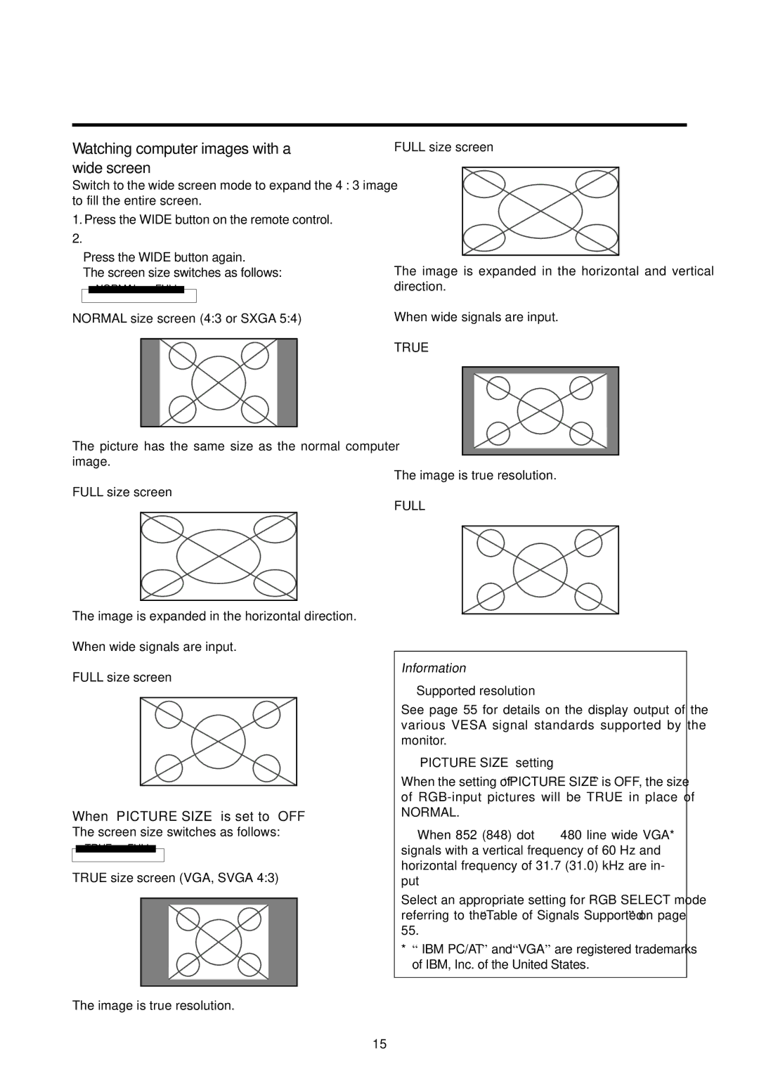 Marantz PD5020D manual Watching computer images with a wide screen, When Picture Size is set to OFF,  Supported resolution 