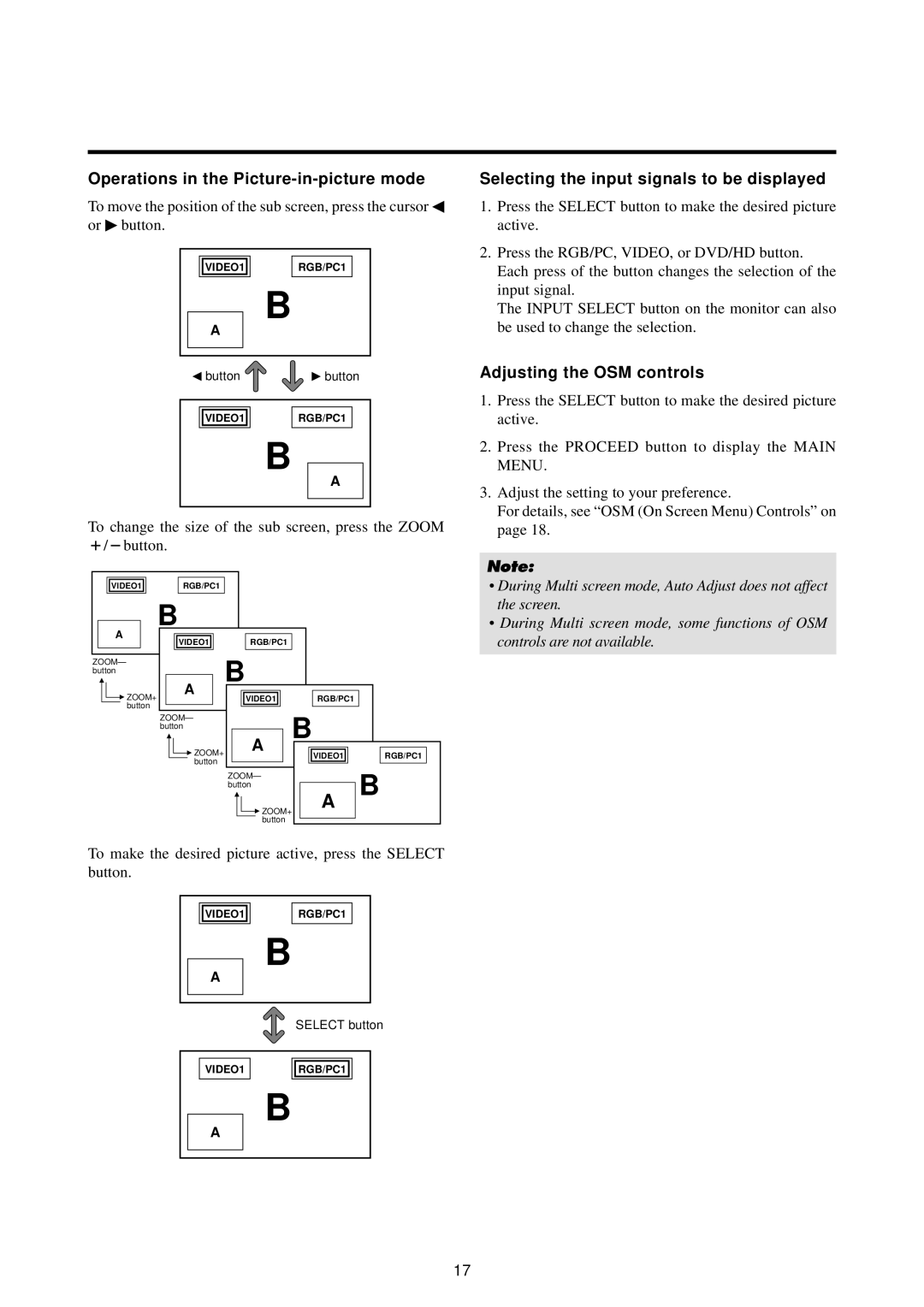 Marantz PD5020D manual Operations in the Picture-in-picture mode, Selecting the input signals to be displayed 