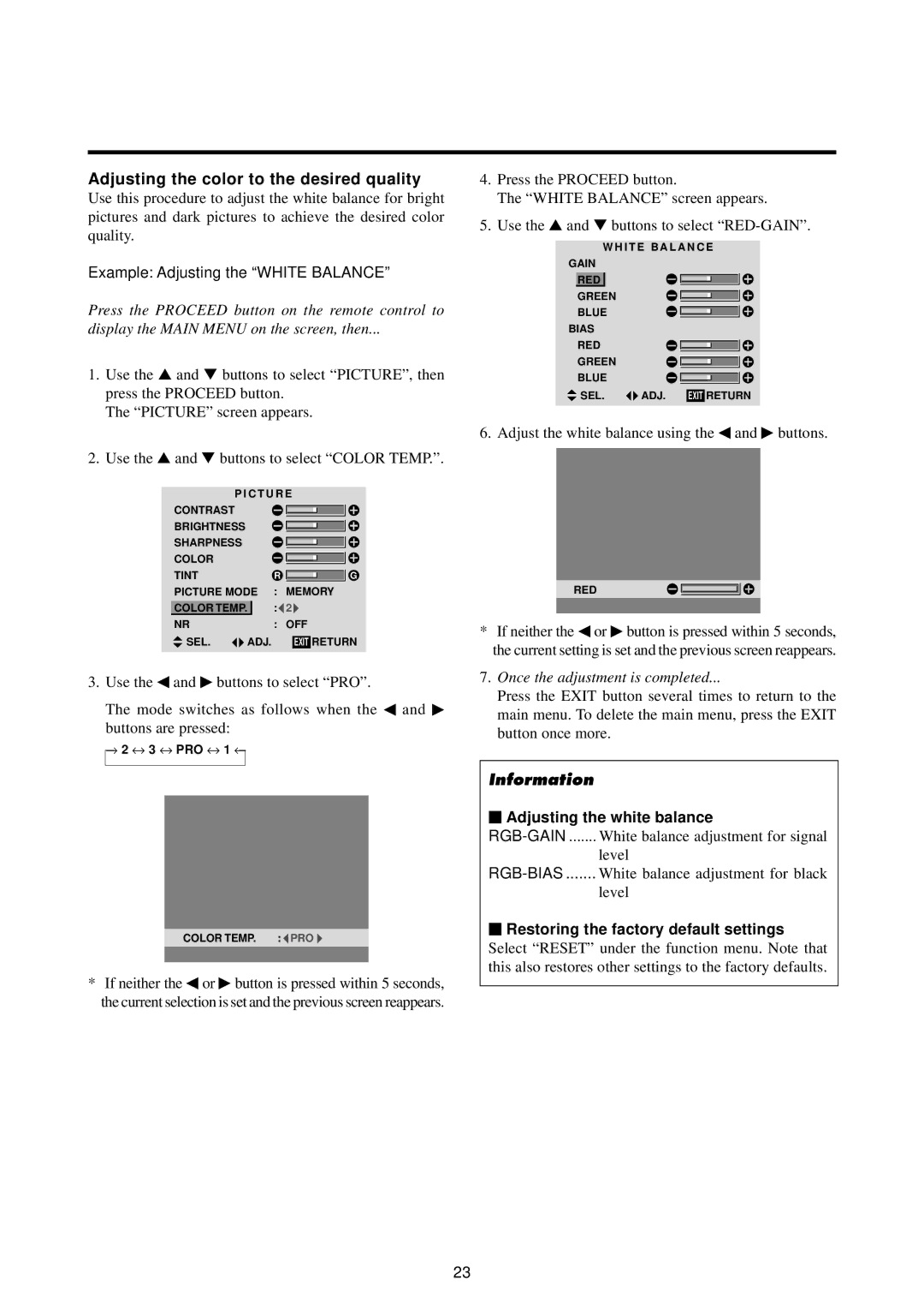 Marantz PD5020D manual Adjusting the color to the desired quality, Example Adjusting the White Balance 