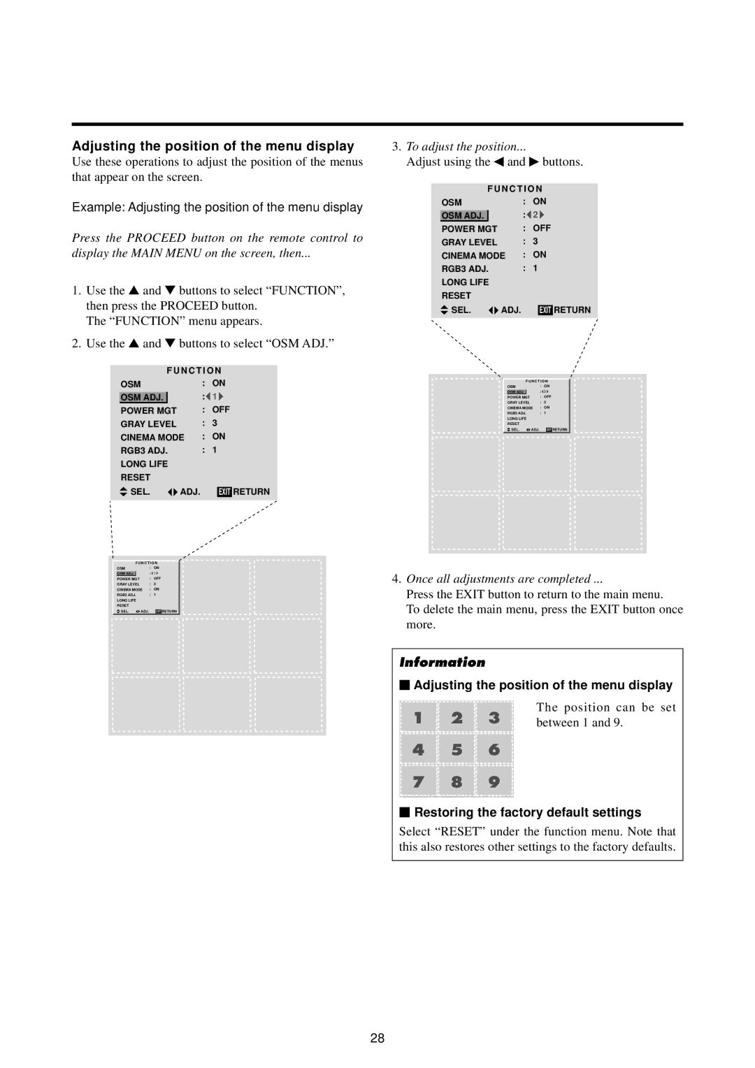 Marantz PD5020D manual Example Adjusting the position of the menu display, To adjust the position 