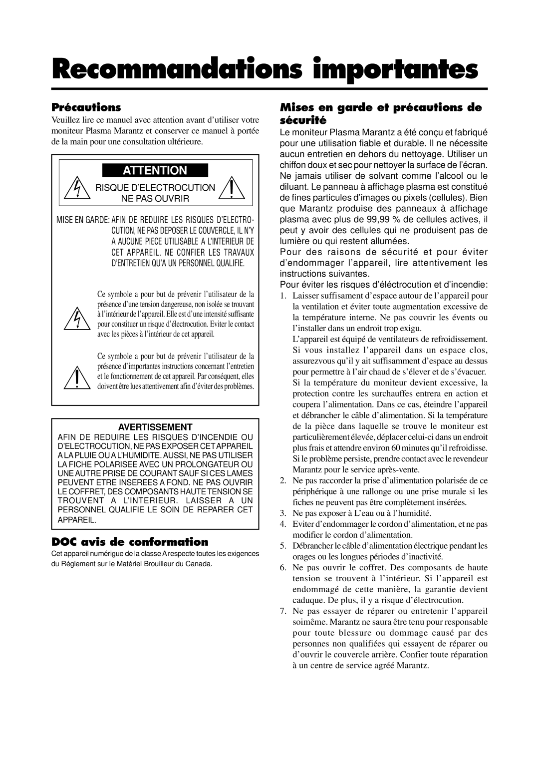 Marantz PD5020D manual Recommandations importantes, Précautions, DOC avis de conformation 