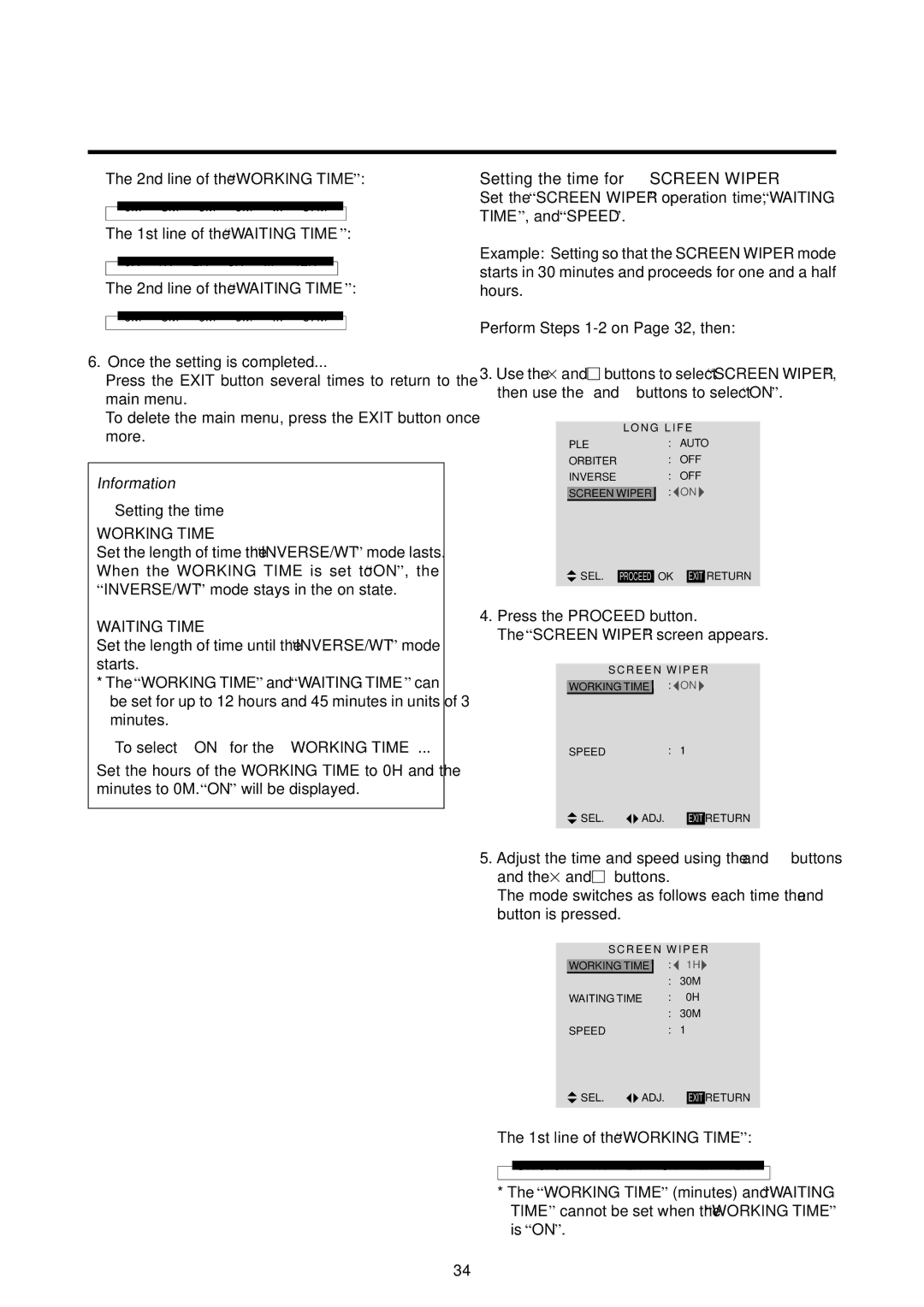 Marantz PD5020D manual Setting the time for Screen Wiper, To select on for the Working Time 