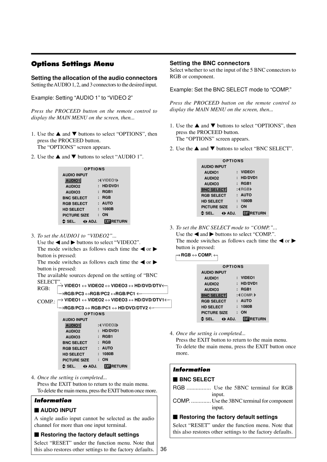 Marantz PD5020D manual Options Settings Menu, Setting the allocation of the audio connectors, Setting the BNC connectors 