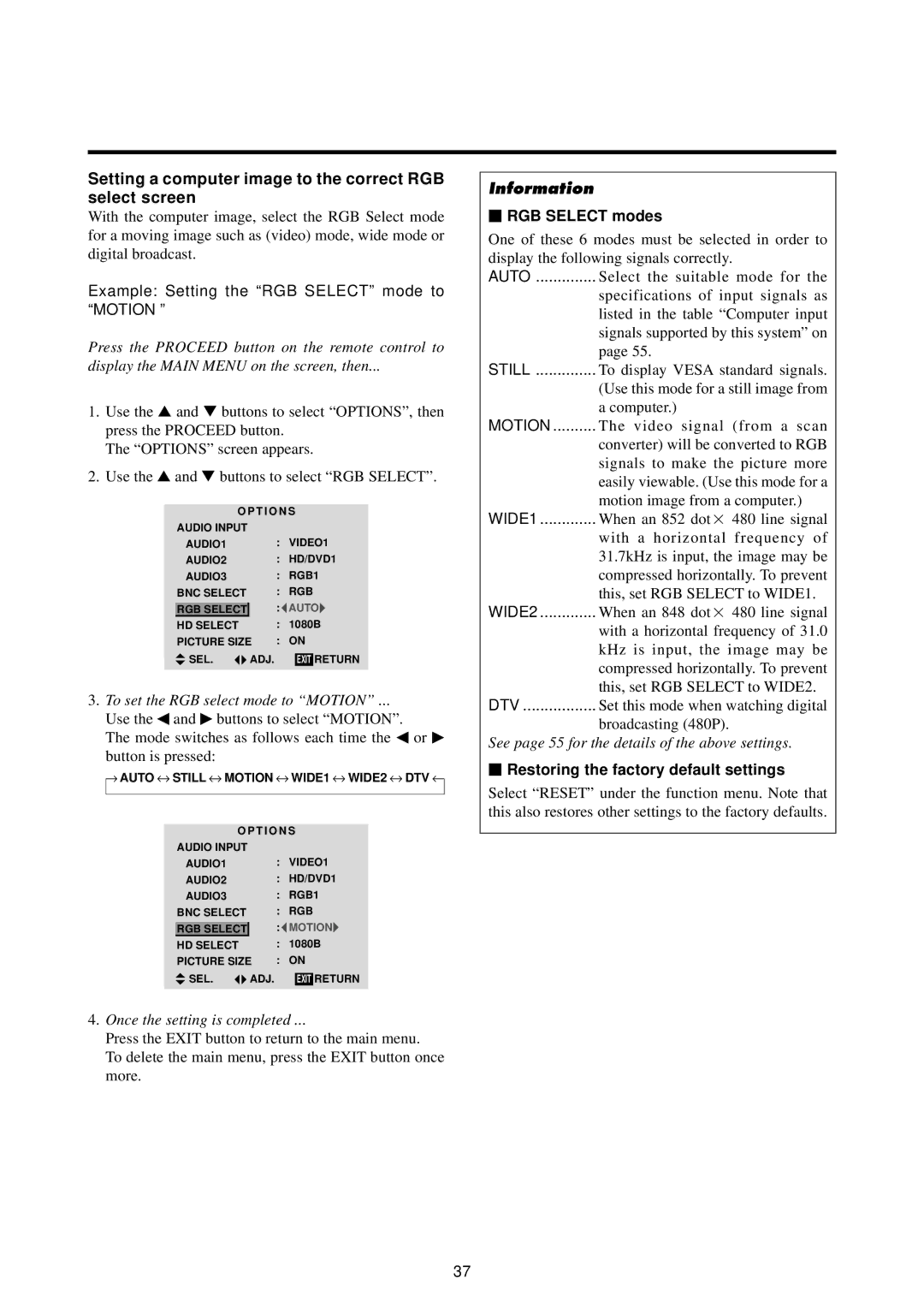 Marantz PD5020D Setting a computer image to the correct RGB select screen, Example Setting the RGB Select mode to Motion 