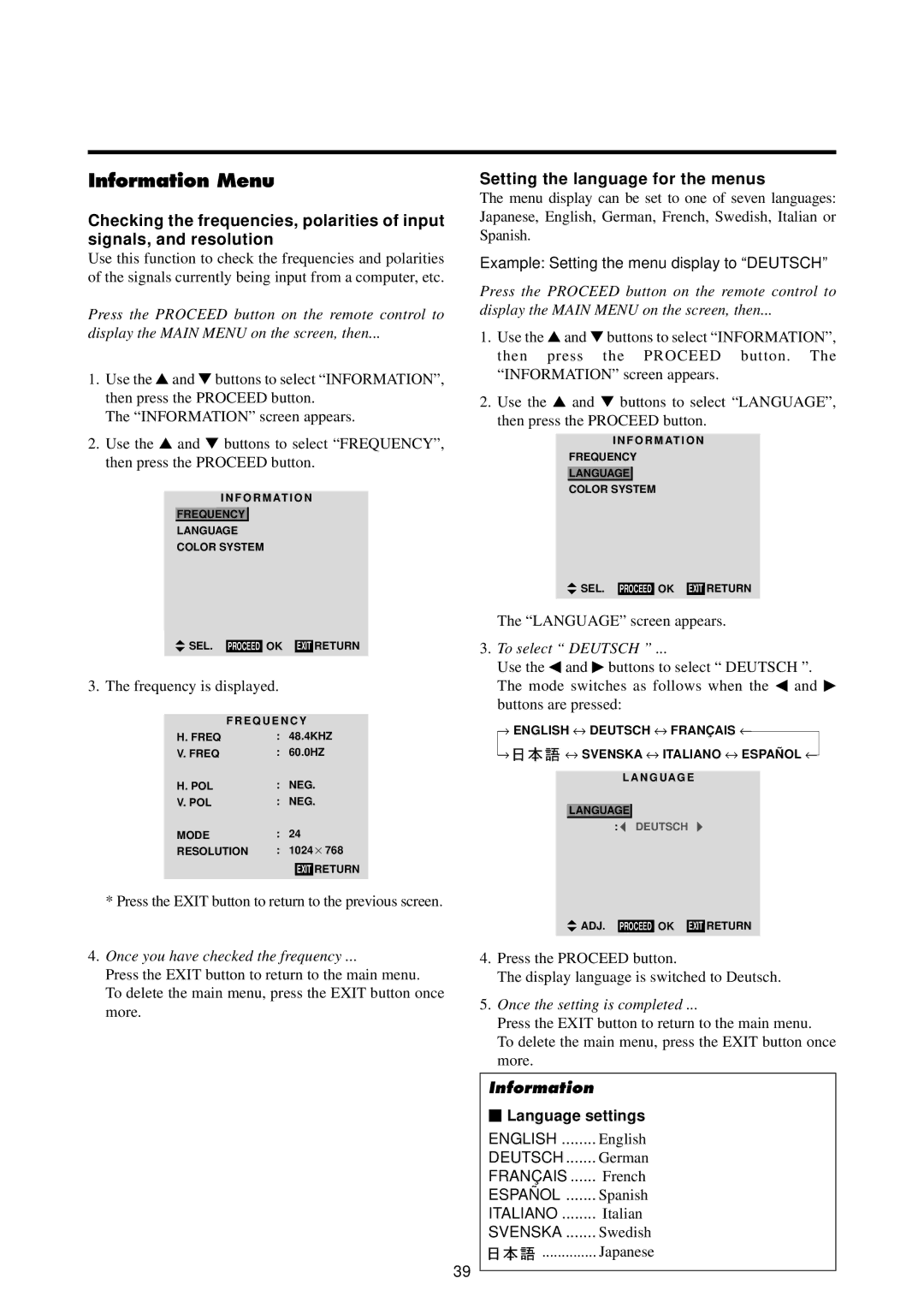 Marantz PD5020D manual Information Menu, Setting the language for the menus, Example Setting the menu display to Deutsch 