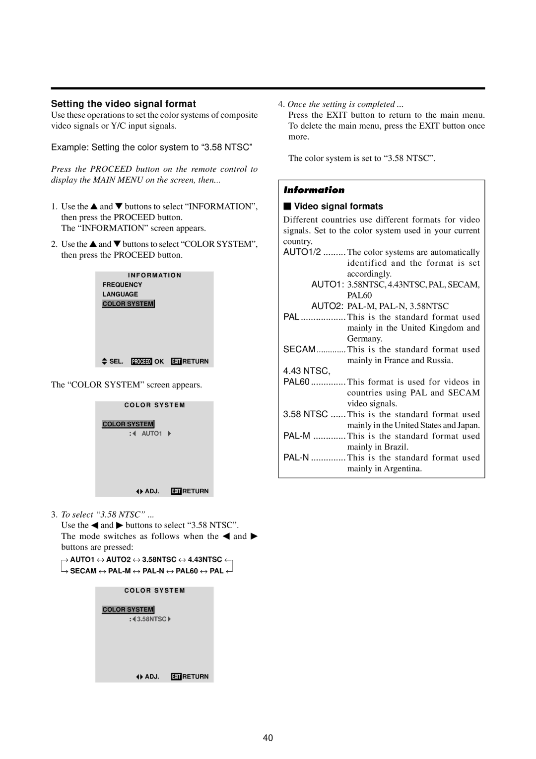 Marantz PD5020D manual Setting the video signal format, Example Setting the color system to 3.58 Ntsc, To select 3.58 Ntsc 